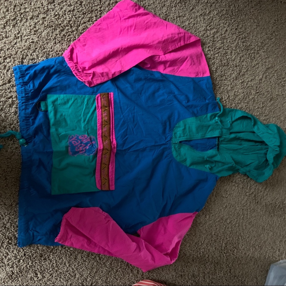 Surf Rags 80’s or 90’s vintage pullover windbreaker in blue, teal & hot pink